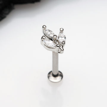 Detail View 1 of Marquise Sparkle Leaf Top Threadless Push-In Steel Labret-Clear Gem